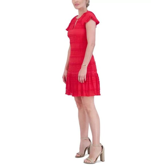 Jessica Howard Women's Flutter sleeves Lace A-Line Dress casual formal Red 14 - Picture 2 of 12